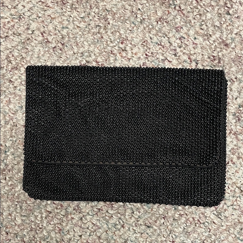 Vintage 50s Black Beaded Clutch with satin lining and flap top close